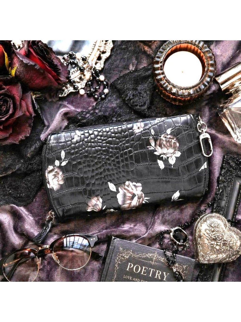 HOBO Spark Double Eyeglass Sunnies Case Leather Black Rose Croco Dark Floral New